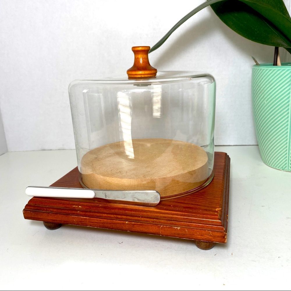 NEW Vintage Cheese Tray Glass Dome, Knife, Removable Cutting Board, Stainless